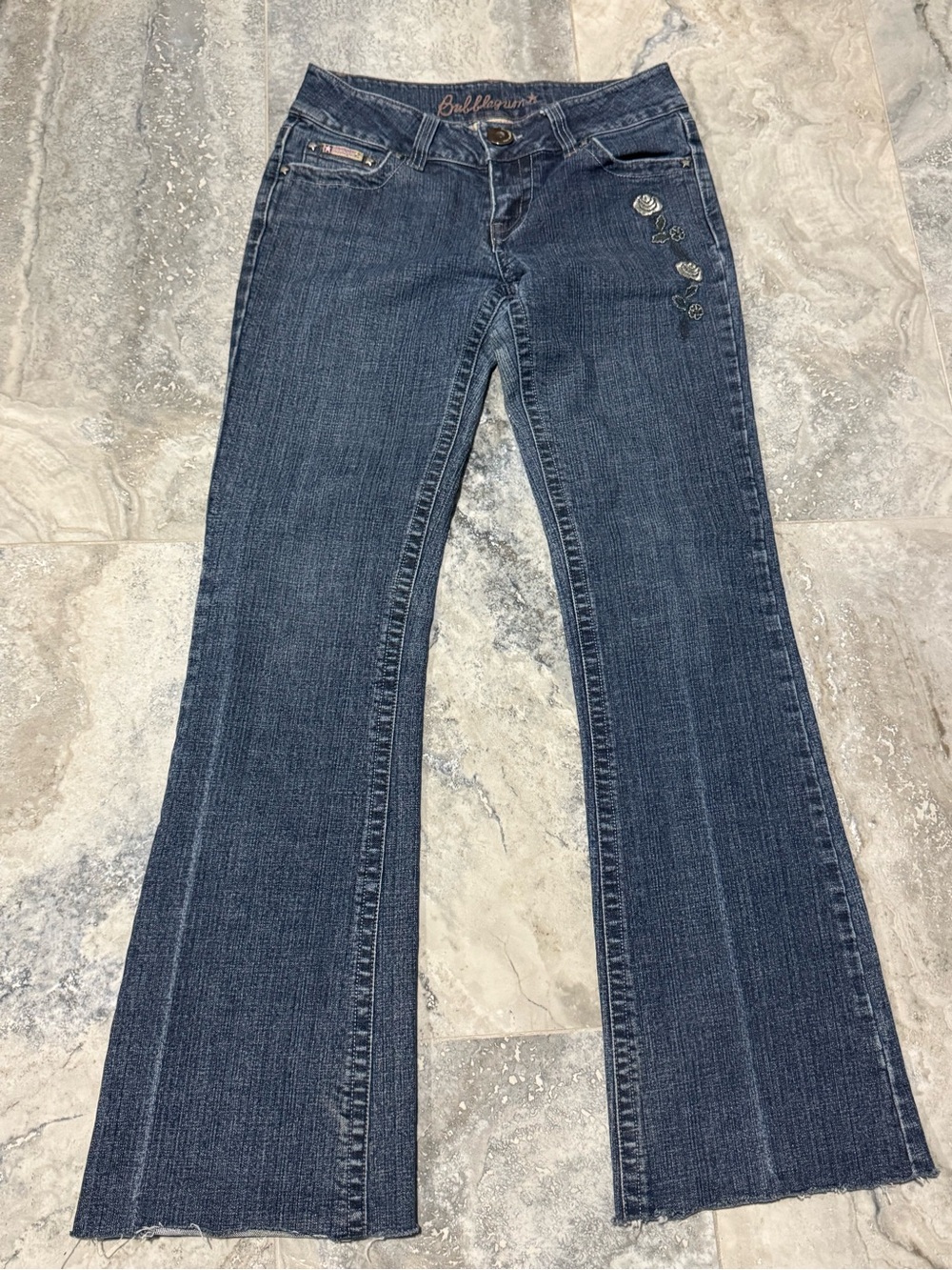 Y2K Bubblegum Dark Blue Flared Jeans with Embroidered Detail